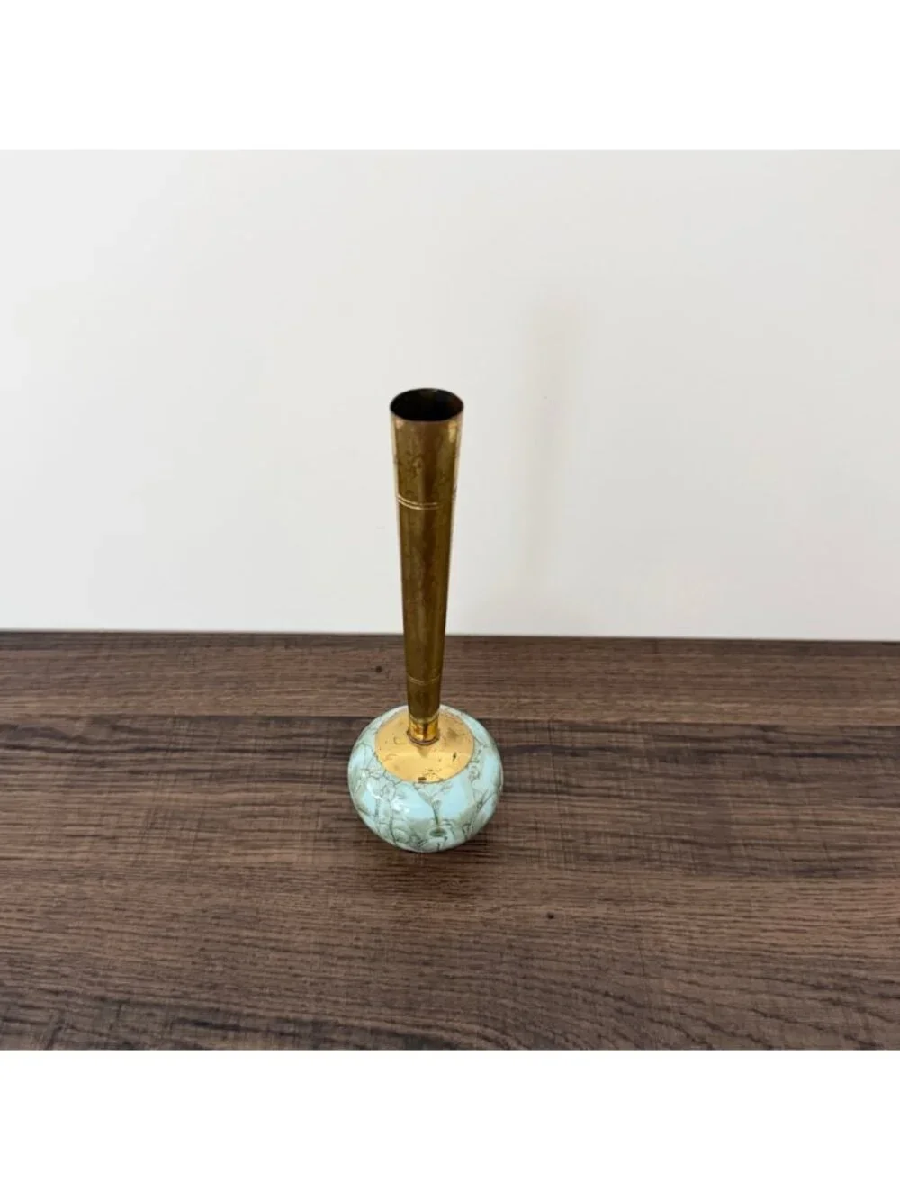 Vintage Delft Hand Painted MCM Brass Marbleized Ceramic Floral Bud Vase Art Deco - Picture 3 of 14